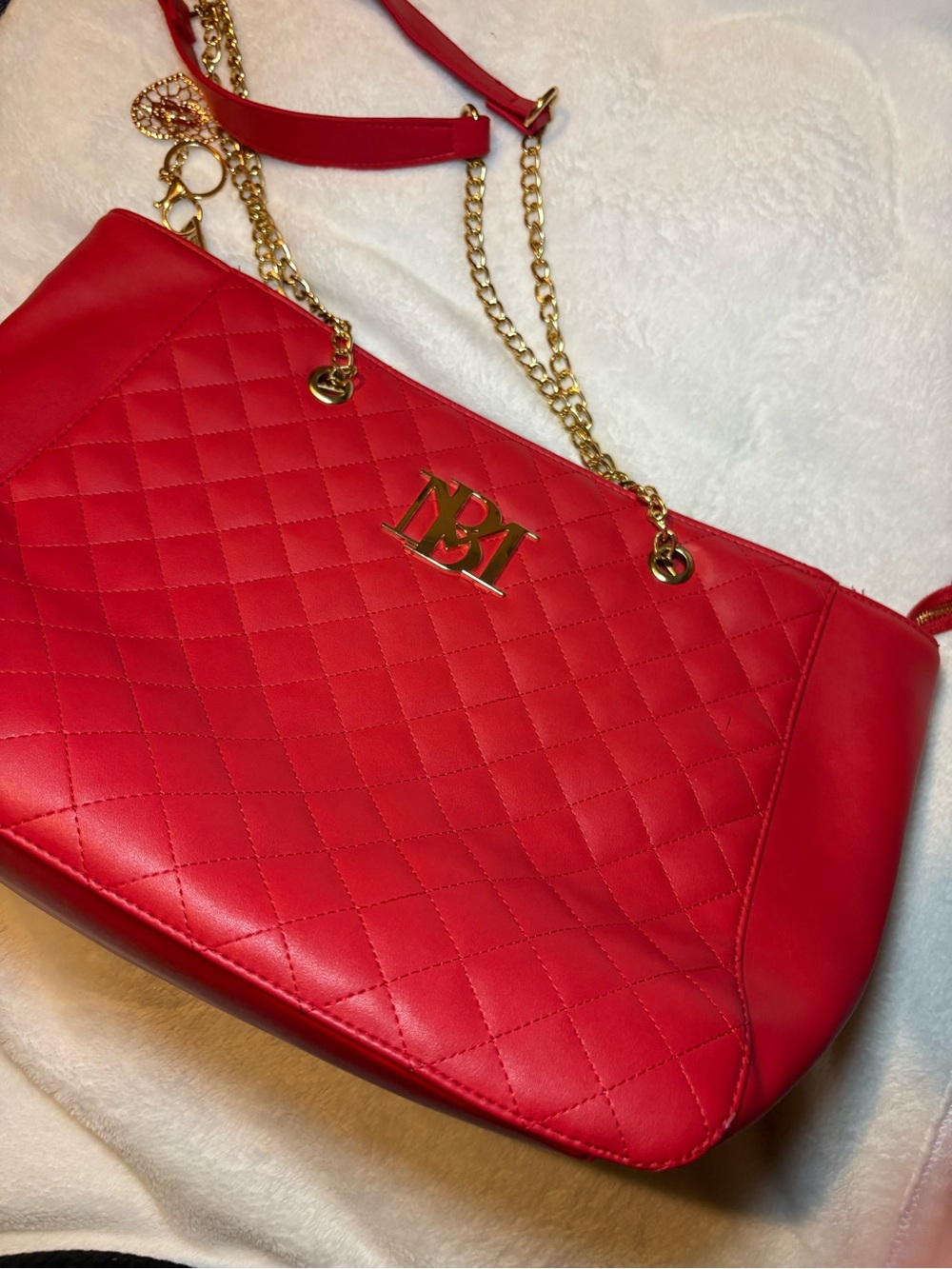 Badgley Mischka Quilted Red Shoulder Bag with Gold Chain